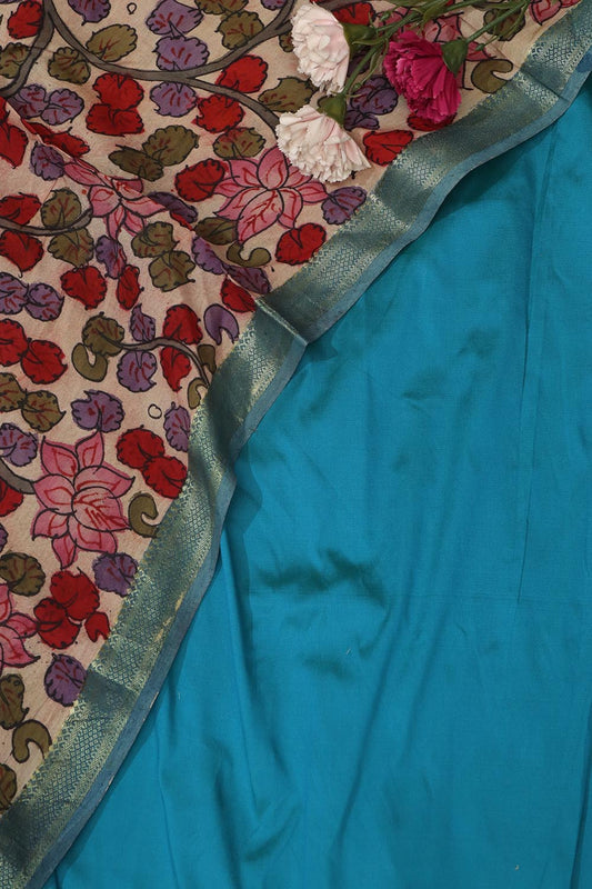 Blue Plain Silk Suit With Kalamkari Hand Painted Silk Dupatta - Luxurion World