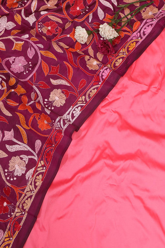 Exquisite Pink Silk Suit with Purple Embroidered Dupatta - Luxurion World