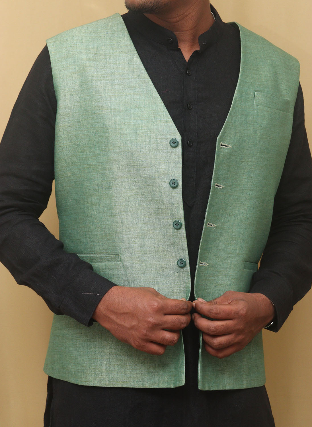 Buy Green Linen Nehru Jacket For Men by Seven Online at Aza Fashions.