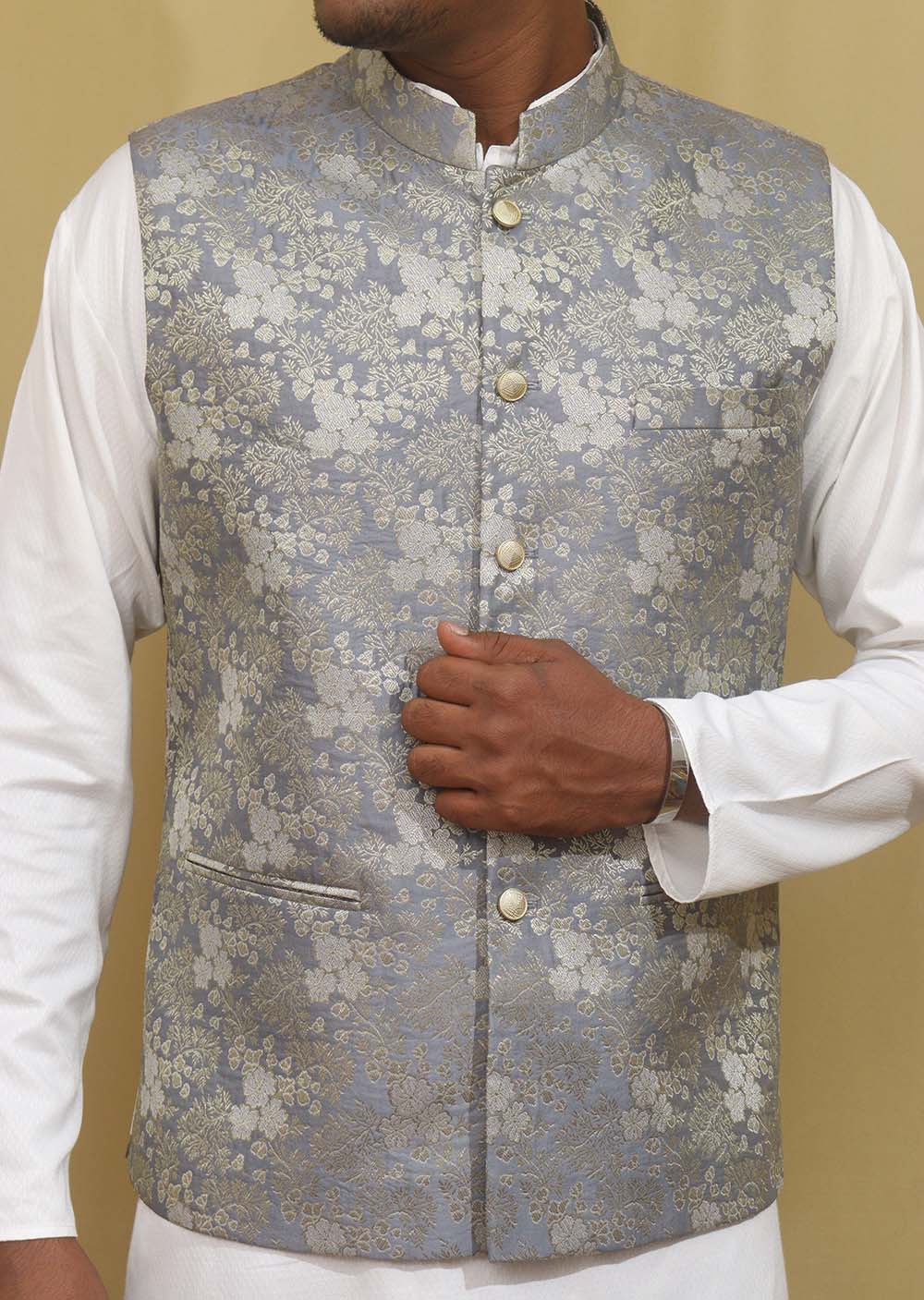 Fuscous Gray Checks-Plaid Premium Terry-Rayon Wedding Nehru Jacket For Men.