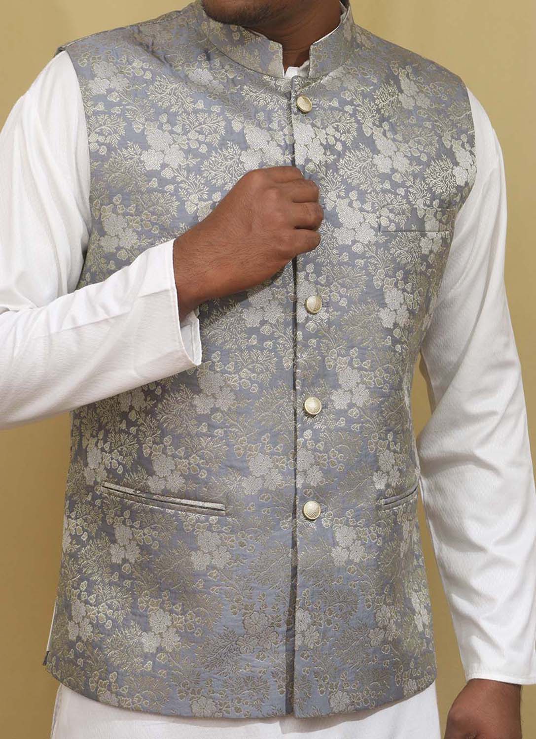 Silver printed jaquard nehru-jacket - Veera Paridhaan - 3959079