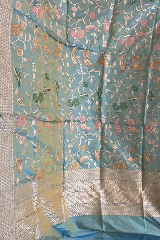 Blue Banarasi Pure Katan Silk Handloom Dupatta - Luxurion World