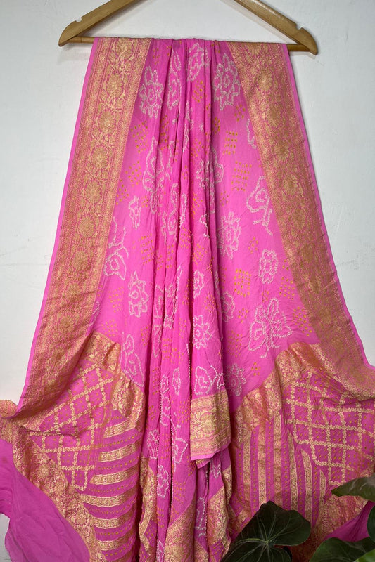 Stunning Pink Banarasi Bandhani Handloom Pure Georgette Dupatta - Luxurion World