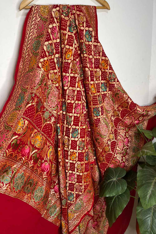 Red Banarasi Bandhani Handloom Pure Georgette Meenakari Dupatta - Luxurion World