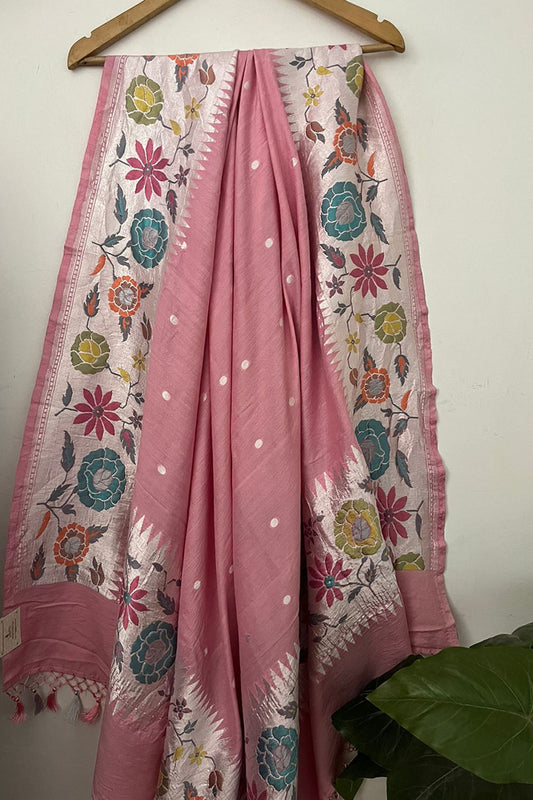 Exquisite Pink Banarasi Handloom Pure Moonga Silk Dupatta - Luxurion World