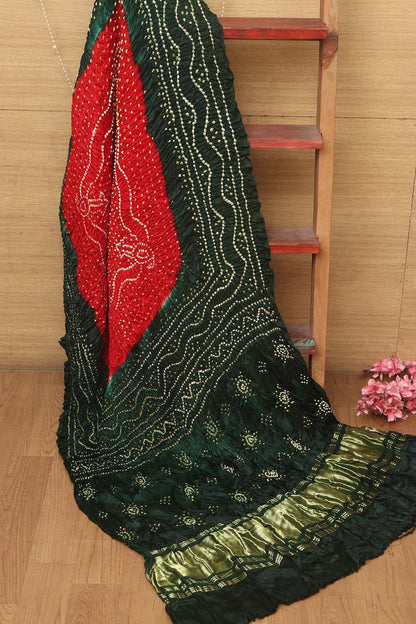 Vibrant Bandhani Gajji Silk Dupatta in Red and Green - Luxurion World