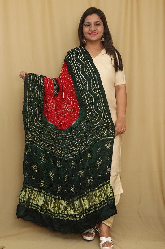 Vibrant Bandhani Gajji Silk Dupatta in Red and Green