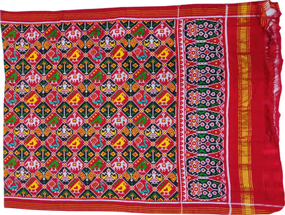 Red Semi Patan Patola Handloom Pure Silk Dupatta - Luxurion World