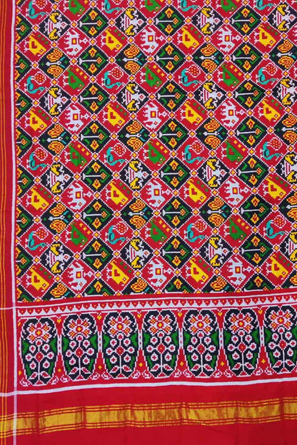 Red Semi Patan Patola Handloom Pure Silk Dupatta - Luxurion World