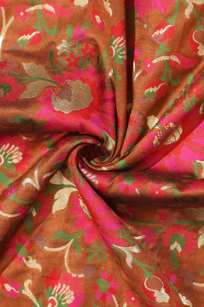 Elegant Brown Banarasi Meenakari Silk Fabric ( 1 Mtr ) - Luxurion World