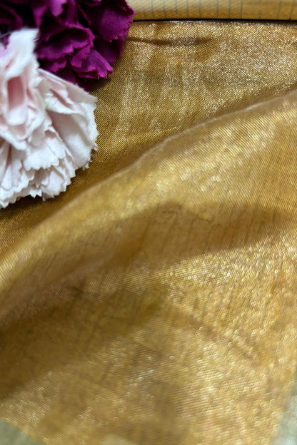 Opulent Golden Banarasi Tissue Katan Silk Fabric - Luxurion World