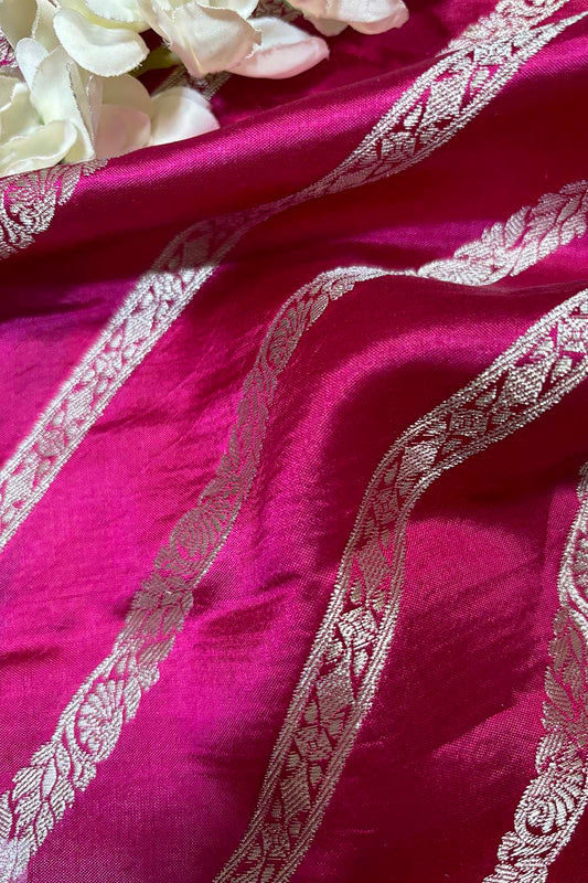 Exquisite Pink Banarasi Handloom Pure Silk Stripes Design Fabric ( 2.5 Mtr ) - Luxurion World