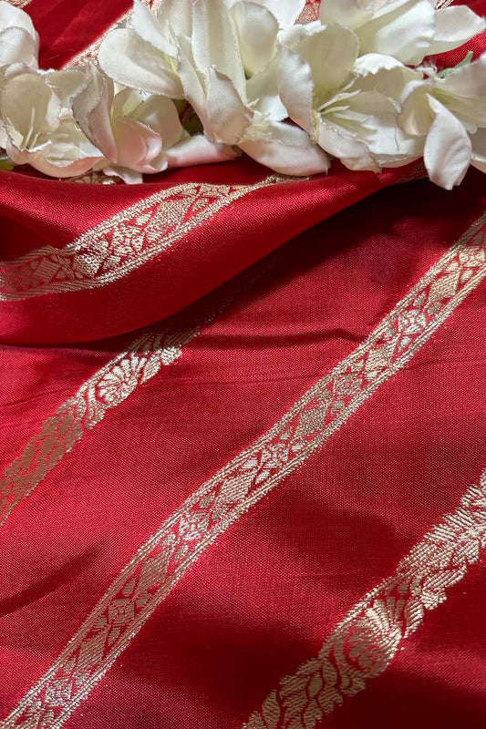 Red Banarasi Handloom Pure Silk Stripes Design Fabric ( 2.5 Mtr ) - Luxurion World