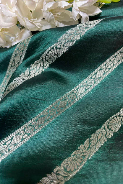 Green Banarasi Handloom Pure Silk Stripes Design Fabric ( 2.5 Mtr ) - Luxurion World