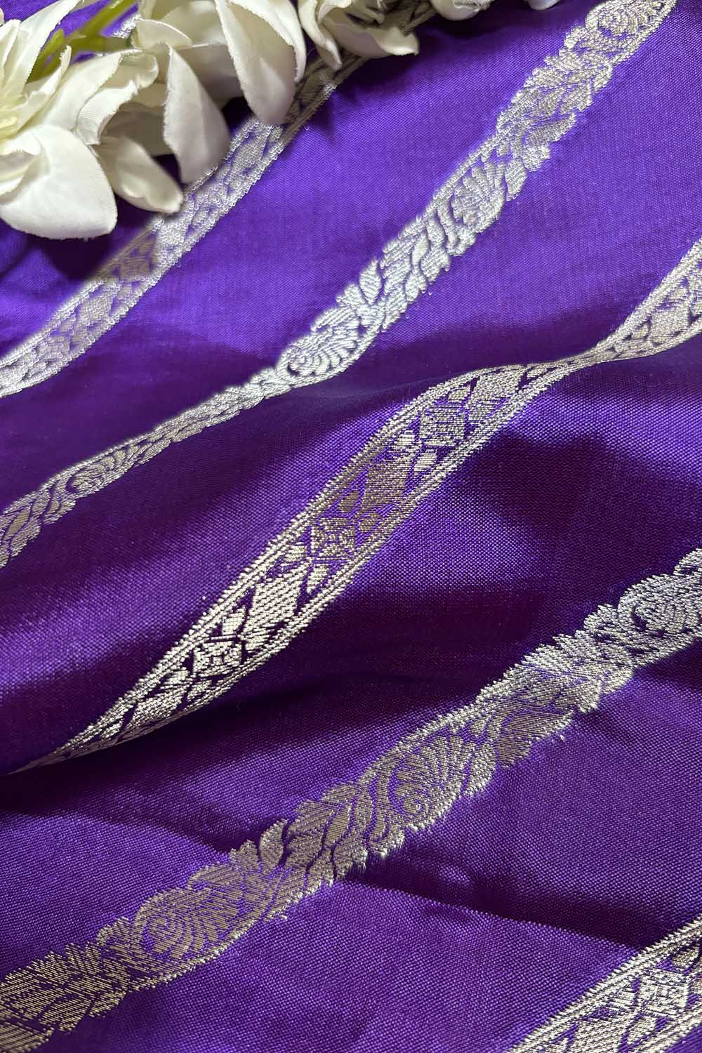 Exquisite Purple Banarasi Handloom Pure Silk Stripes Design Fabric ( 2.5 Mtr ) - Luxurion World