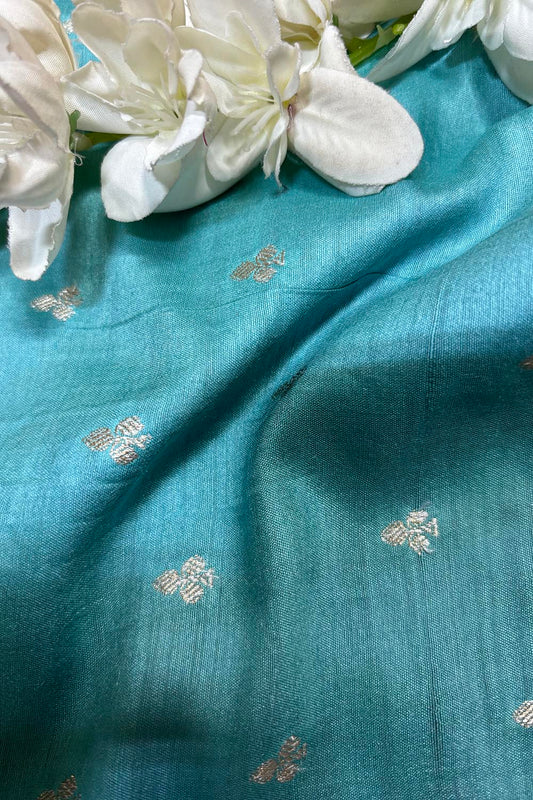 Stunning Blue Banarasi Handloom Moonga Silk Fabric ( 2.5 Mtr ) - Luxurion World