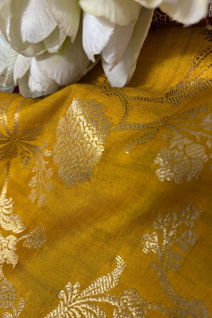 Yellow Banarasi Handloom Chiniya Silk Fabric ( 2.5 Mtr ) - Luxurion World