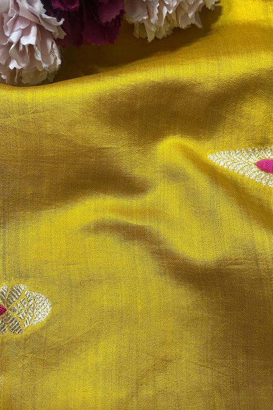 Yellow Banarasi Handloom Chiniya Silk Fabric ( 2.5 Mtr ) - Luxurion World