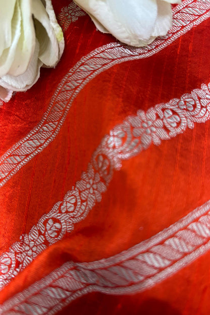 Orange Banarasi Handloom Pure Silk Fabric ( 2.5 Mtr ) - Luxurion World