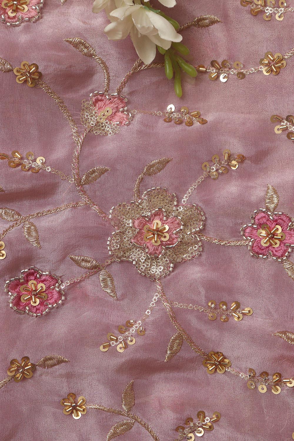 Pink Embroidered Tissue Trendy Fabric ( 1 Mtr ) - Luxurion World