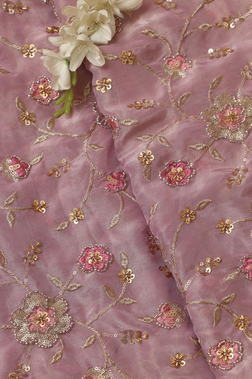 Pink Embroidered Tissue Trendy Fabric ( 1 Mtr ) - Luxurion World