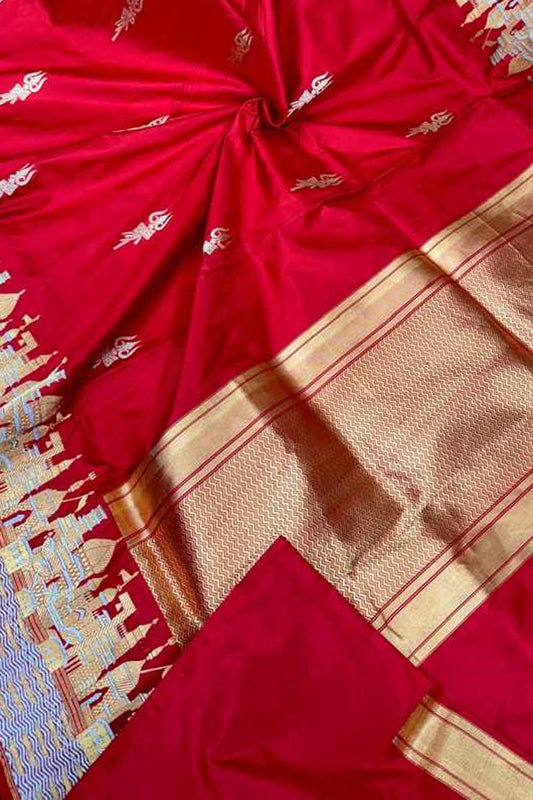 Red Handloom Banarasi Silk Saree with Ghat Design - Luxurion World