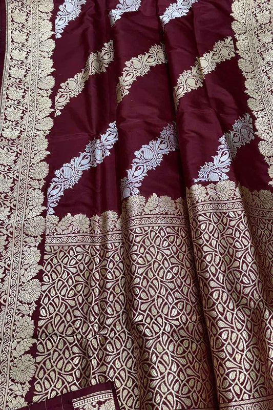 Elegant Maroon Banarasi Silk Saree: Handloom Katan Silk - Luxurion World