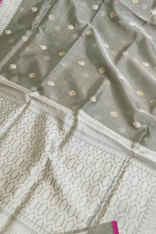 Elegant Grey Banarasi Tissue Silk Saree - Luxurion World