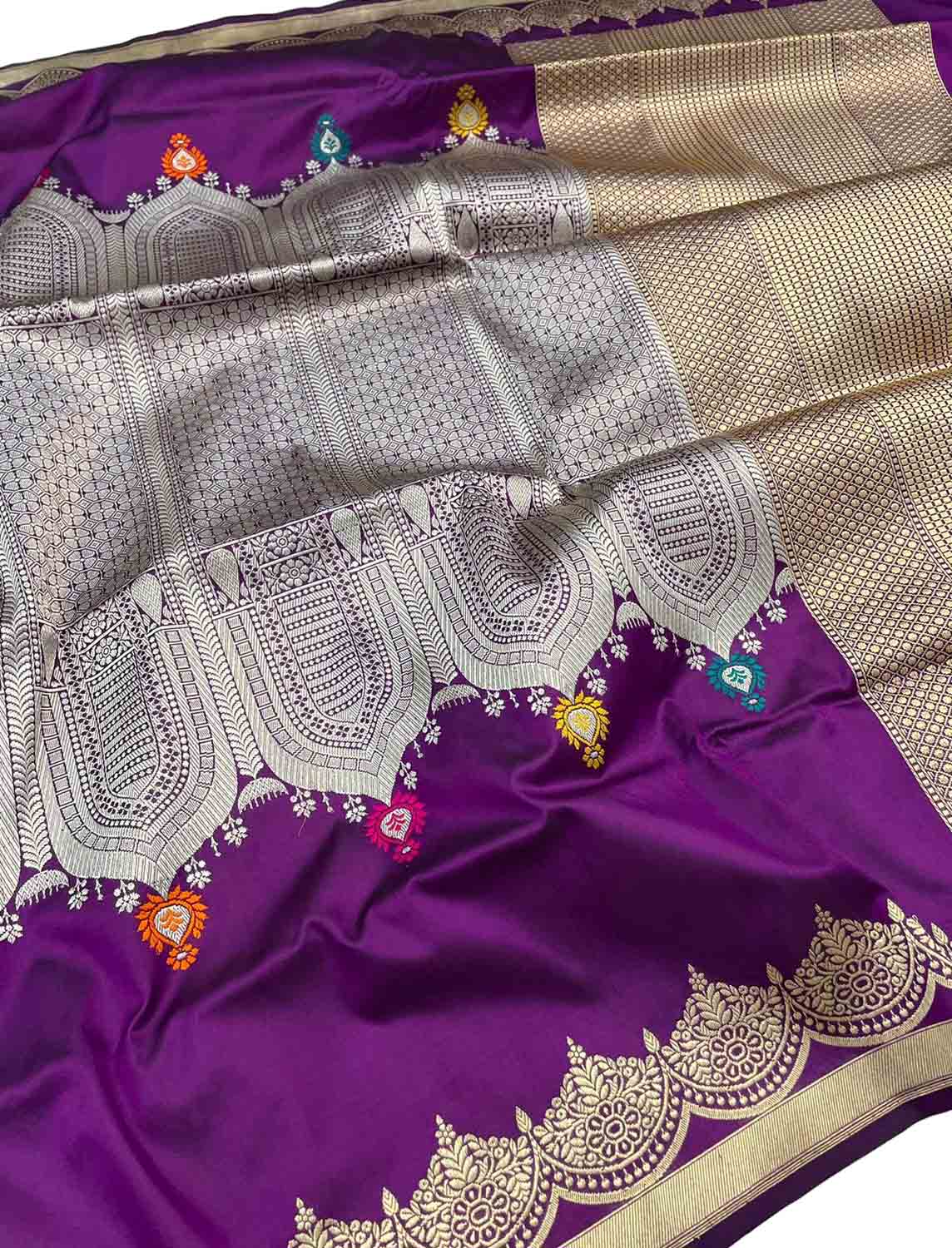 Purple Banarasi Handloom Pure Katan Silk Meenakari Saree - Luxurion World