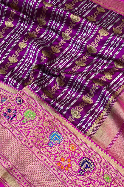 Exquisite Purple Banarasi Katan Silk Saree - Handloom Katan - Luxurion World