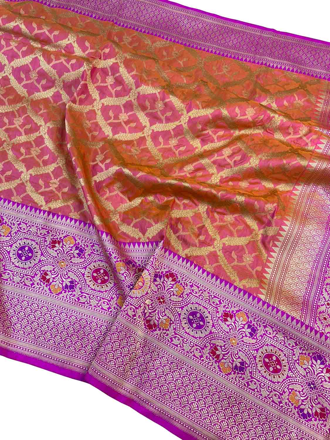 Vibrant Pink & Orange Banarasi Katan Silk Saree - Luxurion World