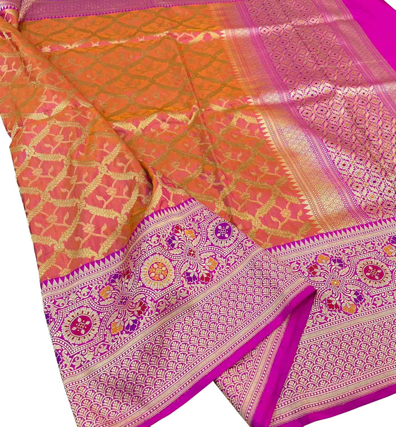 Vibrant Pink & Orange Banarasi Katan Silk Saree - Luxurion World