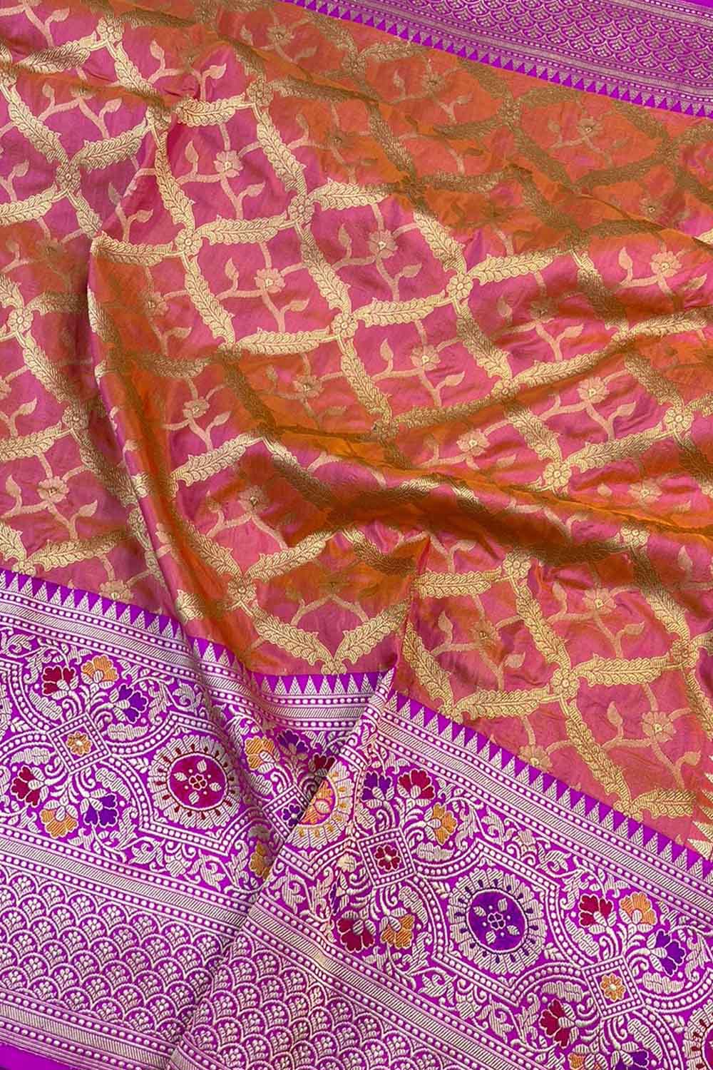 Vibrant Pink & Orange Banarasi Katan Silk Saree - Luxurion World