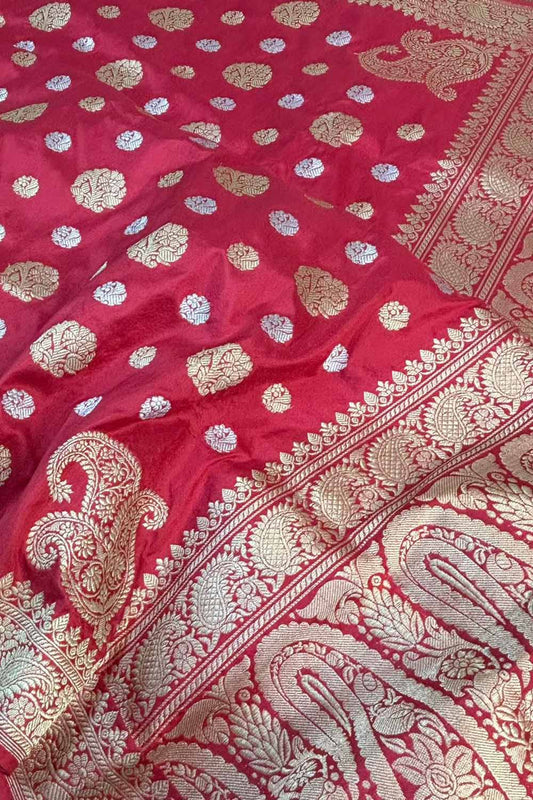 Exquisite Red Banarasi Handloom Pure Katan Silk Sona Roopa Saree - Luxurion World