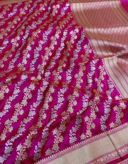 Exquisite Pink Banarasi Handloom Pure Katan Silk Sona Roopa Saree - Luxurion World