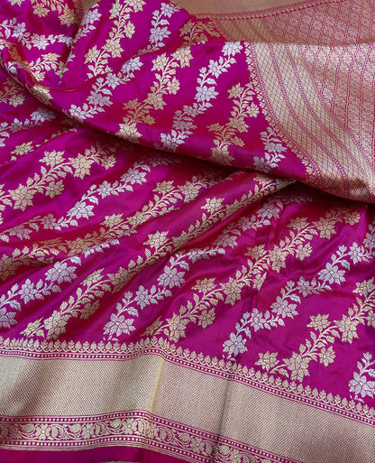 Exquisite Pink Banarasi Handloom Pure Katan Silk Sona Roopa Saree - Luxurion World