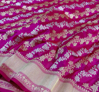 Exquisite Pink Banarasi Handloom Pure Katan Silk Sona Roopa Saree - Luxurion World