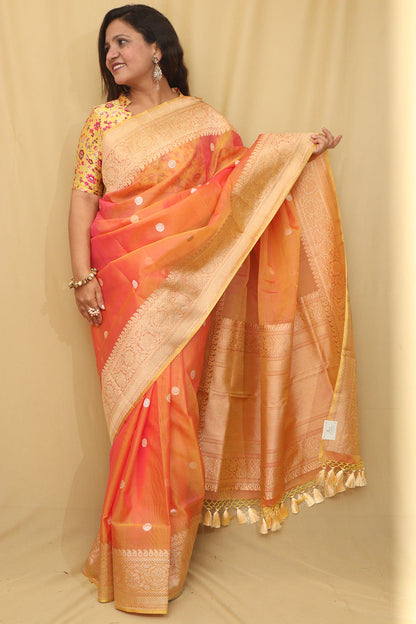 Pink And Orange Handloom Banarasi Pure Kora Silk Saree - Luxurion World