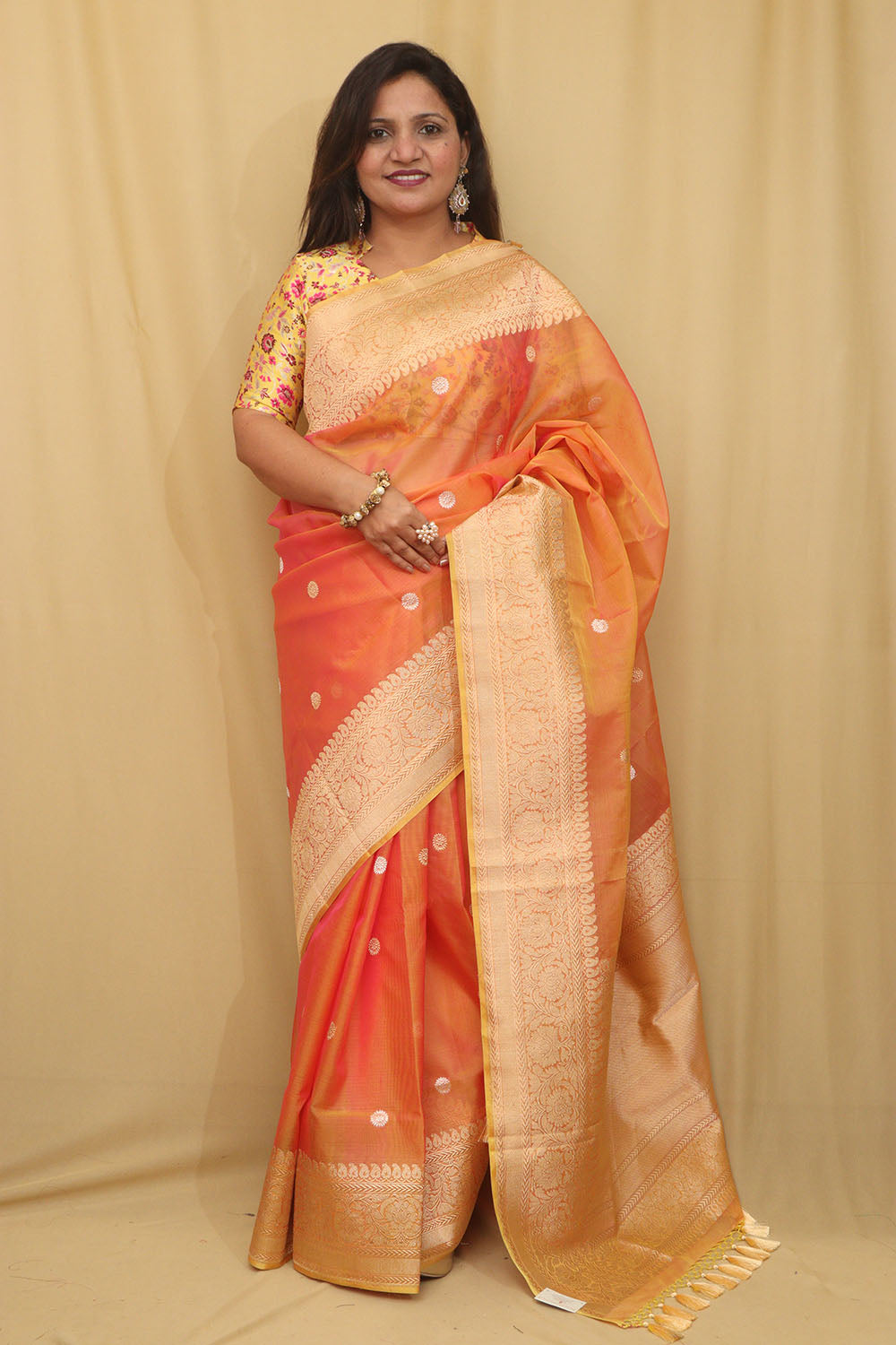 Pink And Orange Handloom Banarasi Pure Kora Silk Saree - Luxurion World