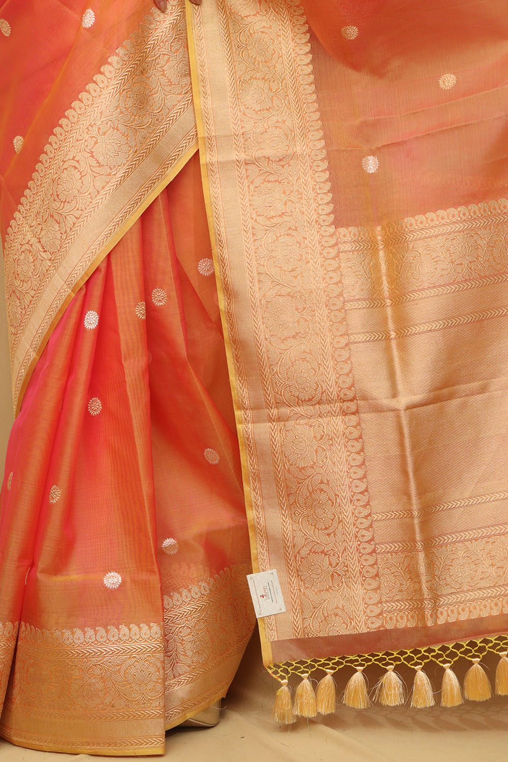 Pink And Orange Handloom Banarasi Pure Kora Silk Saree - Luxurion World