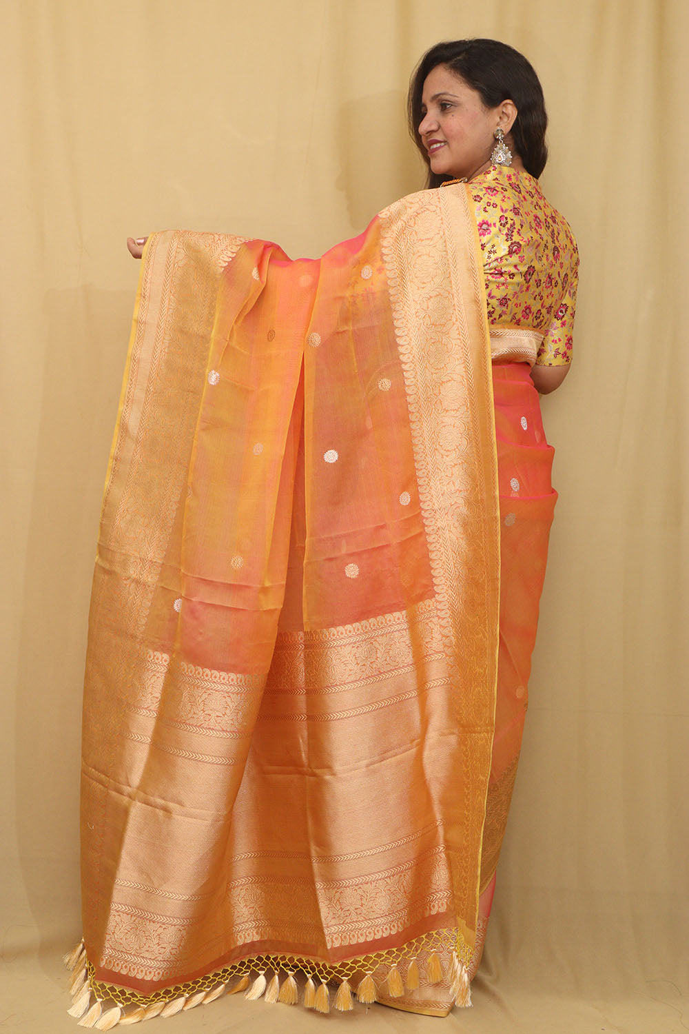 Pink And Orange Handloom Banarasi Pure Kora Silk Saree - Luxurion World