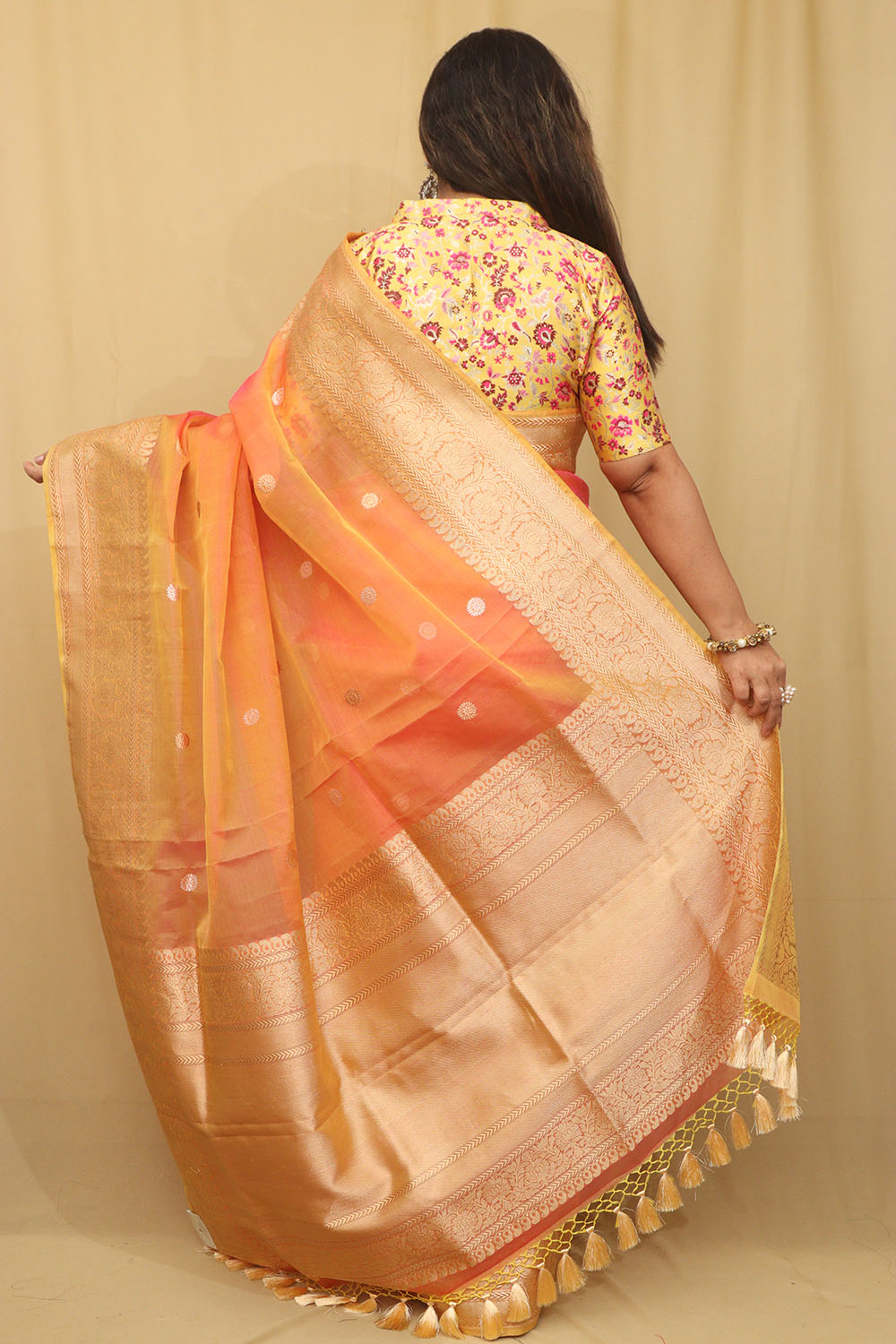 Pink And Orange Handloom Banarasi Pure Kora Silk Saree - Luxurion World