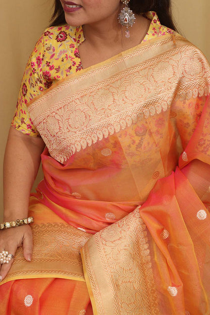 Pink And Orange Handloom Banarasi Pure Kora Silk Saree - Luxurion World