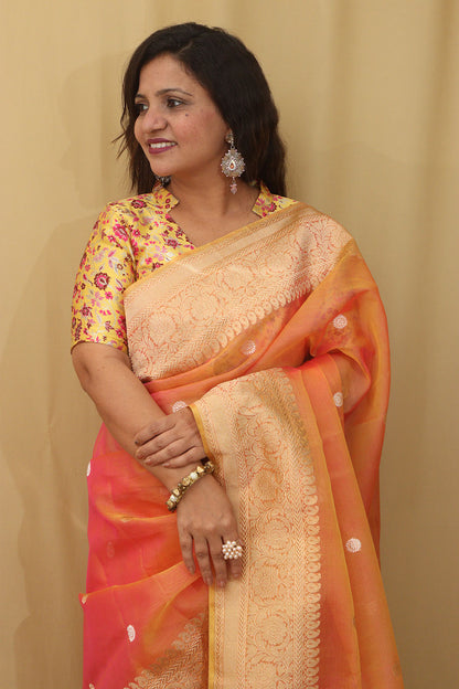 Pink And Orange Handloom Banarasi Pure Kora Silk Saree - Luxurion World