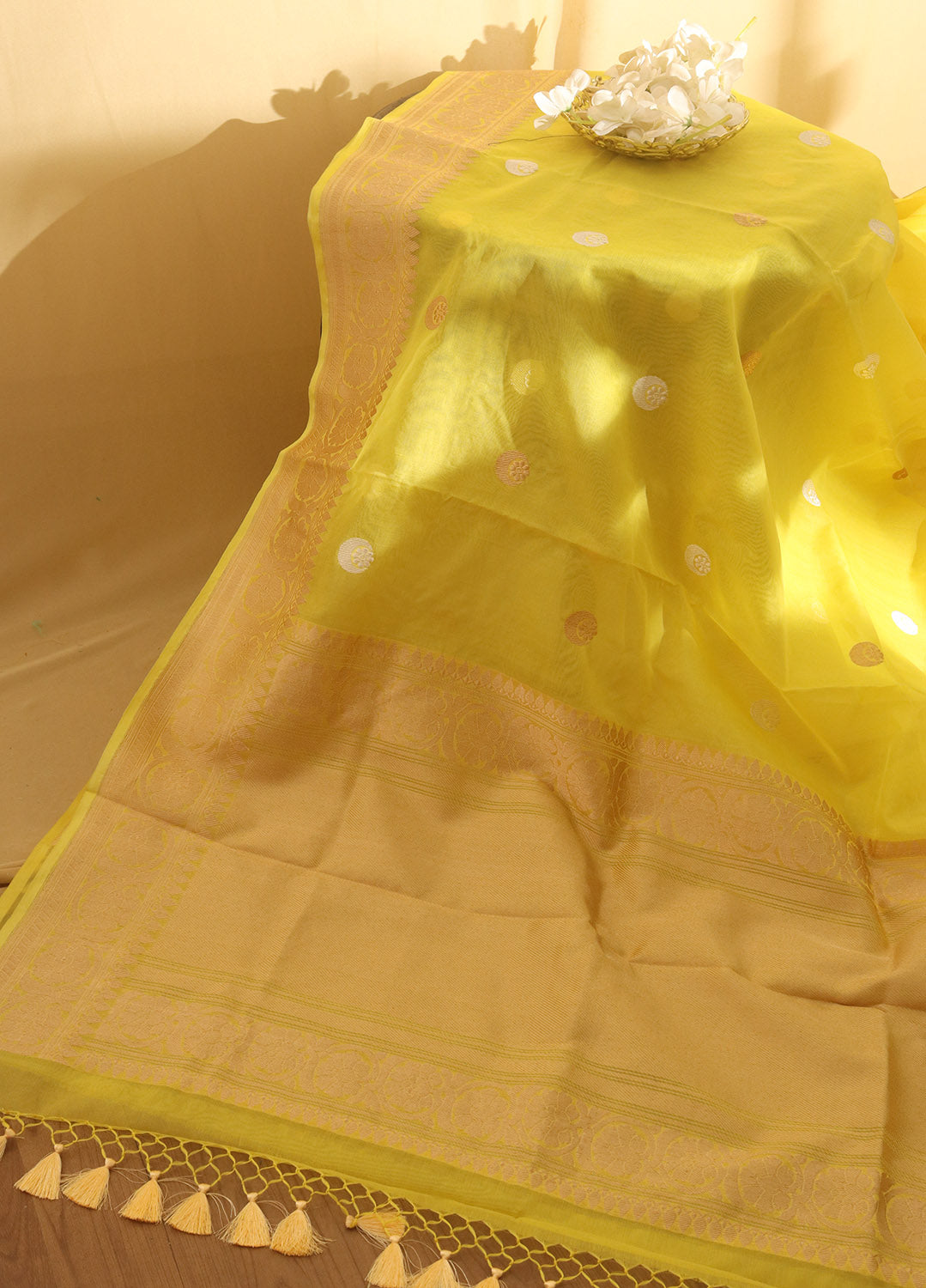 Lemon Yellow Khaddi Chiffon Georgette Banarasi Handloom Saree