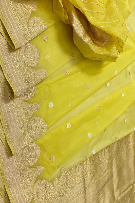 Exquisite Yellow Banarasi Kora Silk Saree - Luxurion World