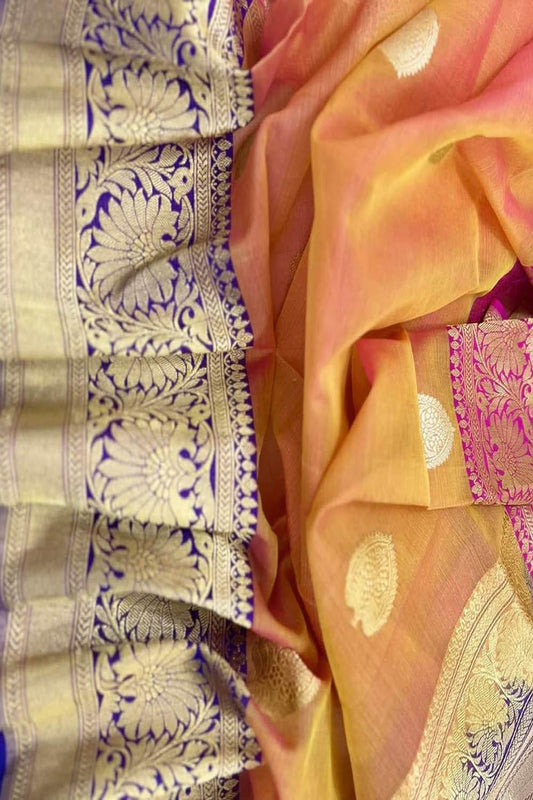 Vibrant Pink & Orange Banarasi Kora Silk Saree - Luxurion World