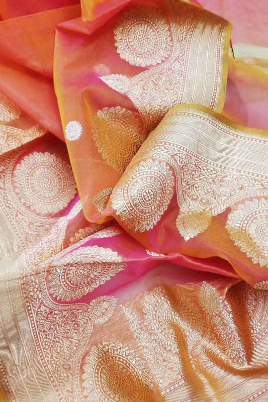 Vibrant Pink & Orange Banarasi Kora Silk Saree - Luxurion World