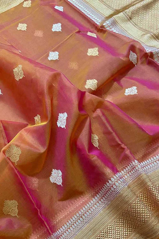 Vibrant Pink & Orange Banarasi Kora Silk Saree