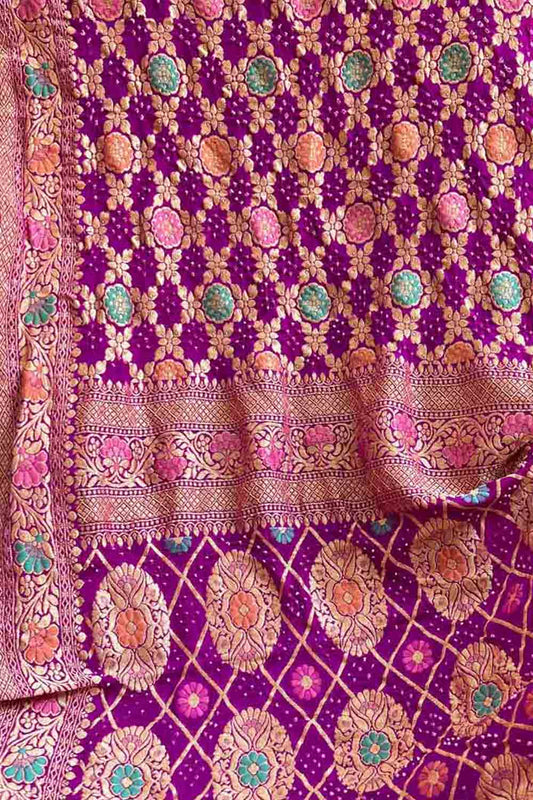 Stunning Pink And Purple Banarasi Bandhani Georgette Saree